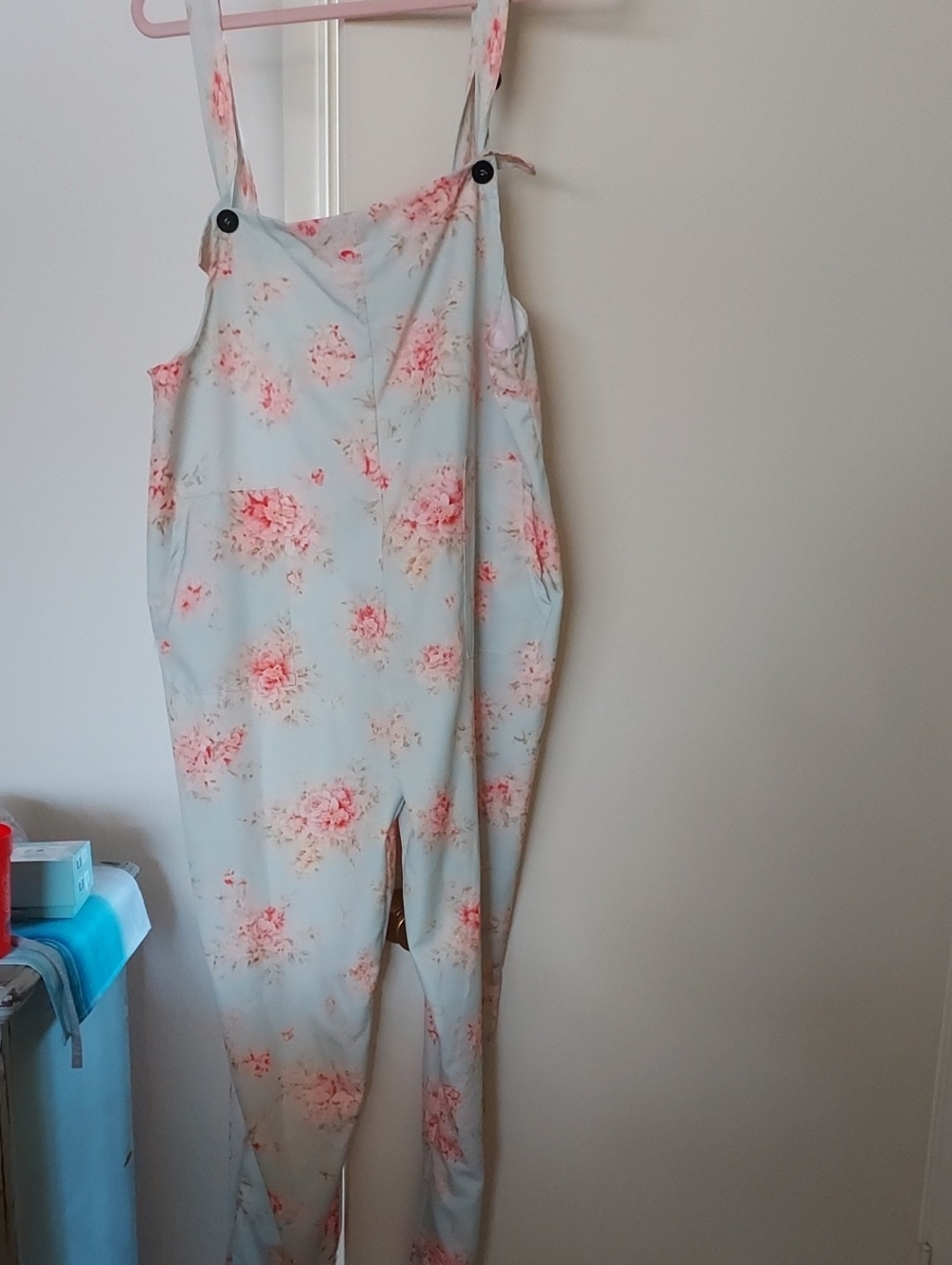 Floral Print Women’s Jumpsuit - Light Blue with Pink Flowers